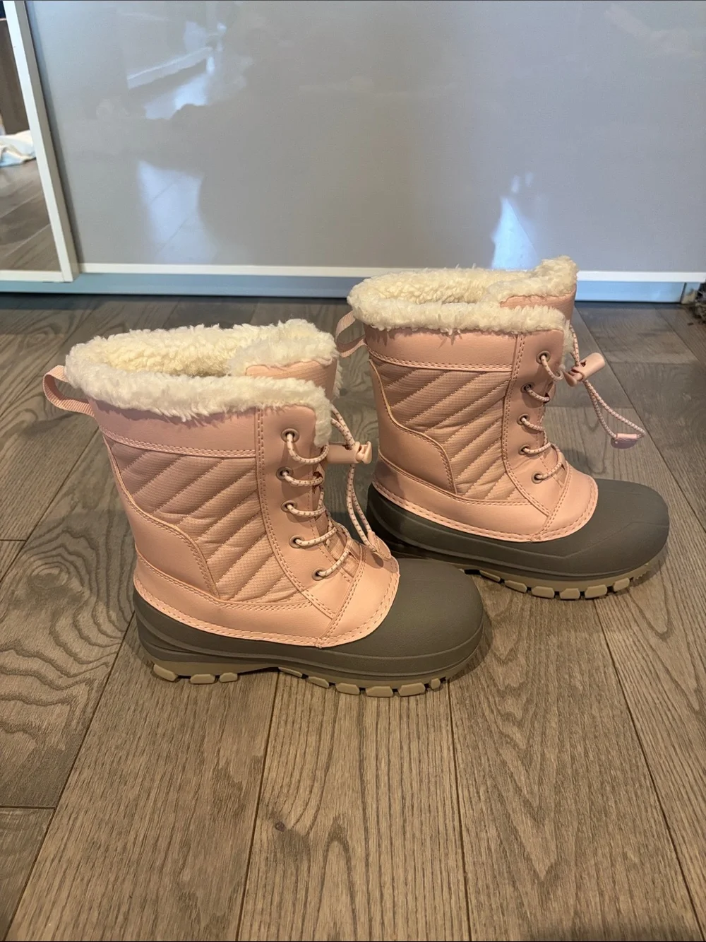 Girls Pink and Gray Kids Snow Boot with Faux-Fur Collar